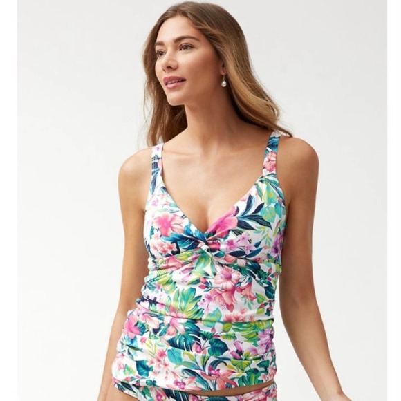 Tommy Bahama Fleur De Flora Twist-Front Underwire Tankini Top in White - Picture 1 of 6
